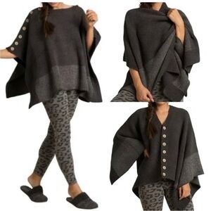 Barefoot Dreams CozyChic Coastline Charcoal Button Poncho Sweater One Size